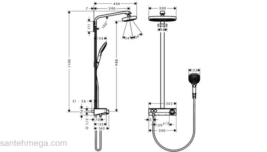 Душевая стойка Hansgrohe Raindance Select Push 300 2jet Showerpipe белый/хром 27126400. Фото